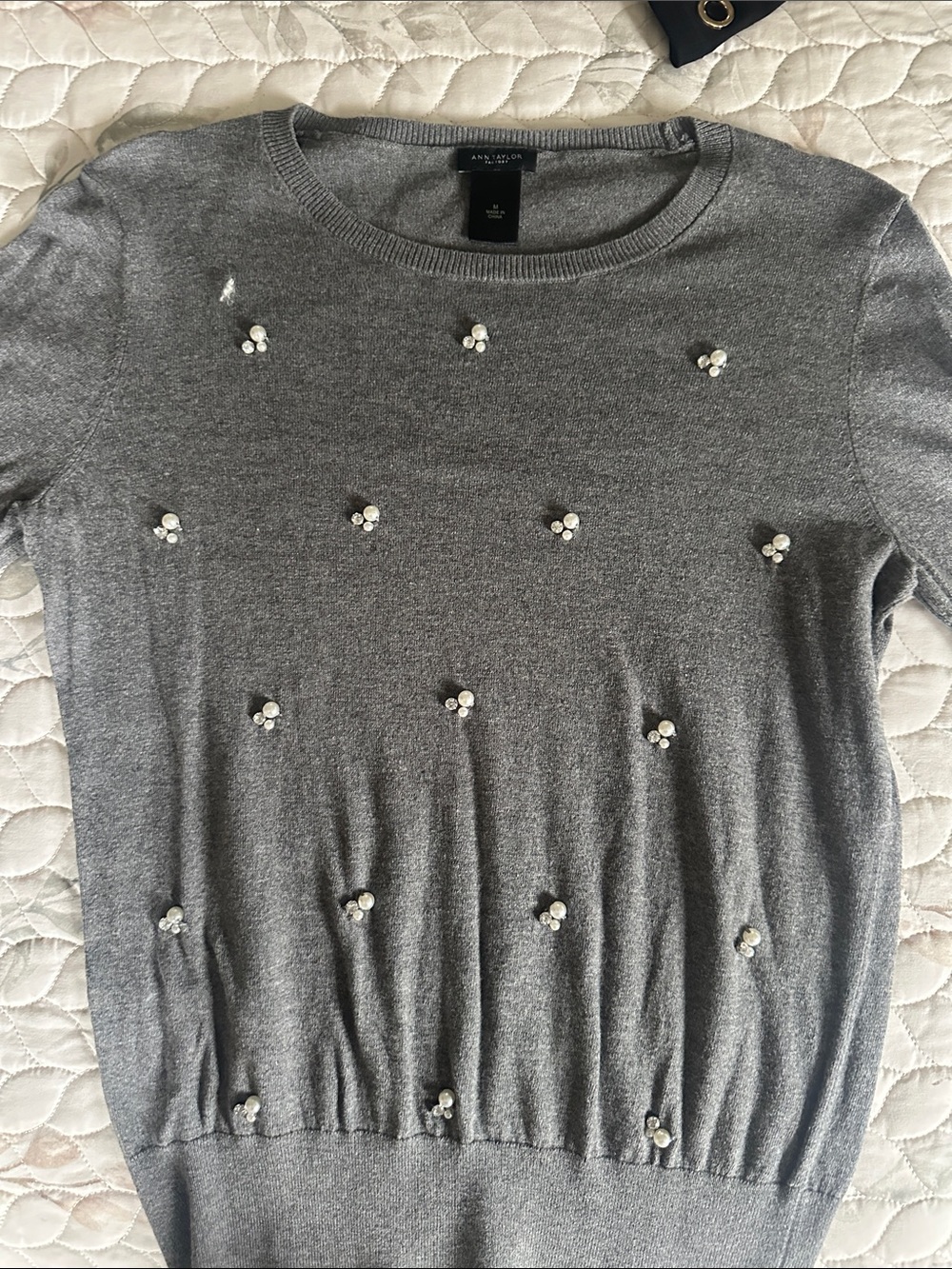 Ann Taylor Gray Pearl-Embellished Crewneck Sweater